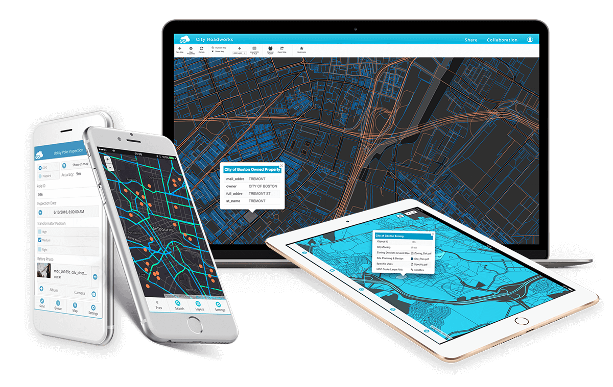 Mapping and viewing applications on multiple devices are connected through a server infrastructure that - together - build a Cloud GIS.