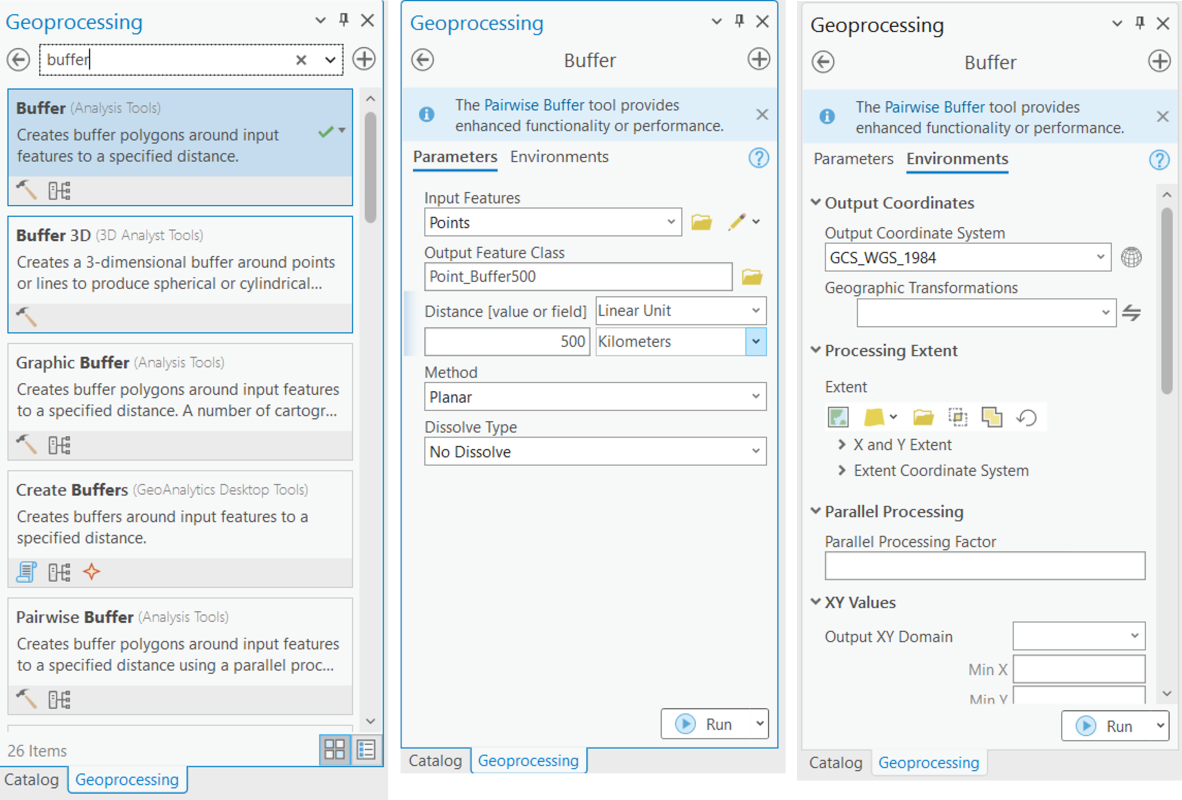 Search for the Buffer tool (left) and set the buffer parameters (middle and right) for creating the Tissot ellipsoids.