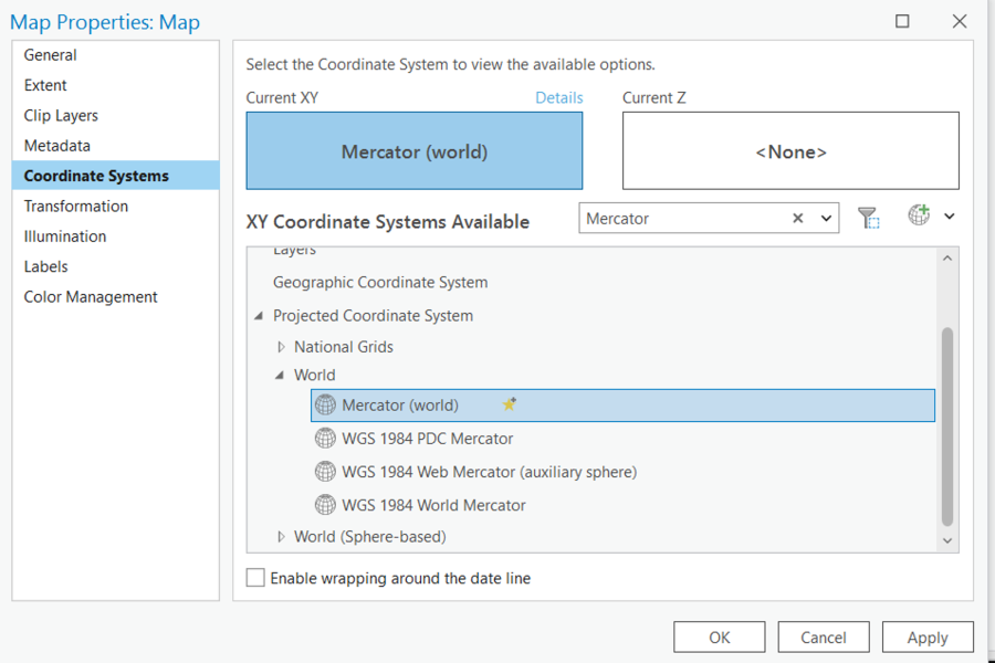 Set Mercator (world) as new projected coordinate system of the map layer.