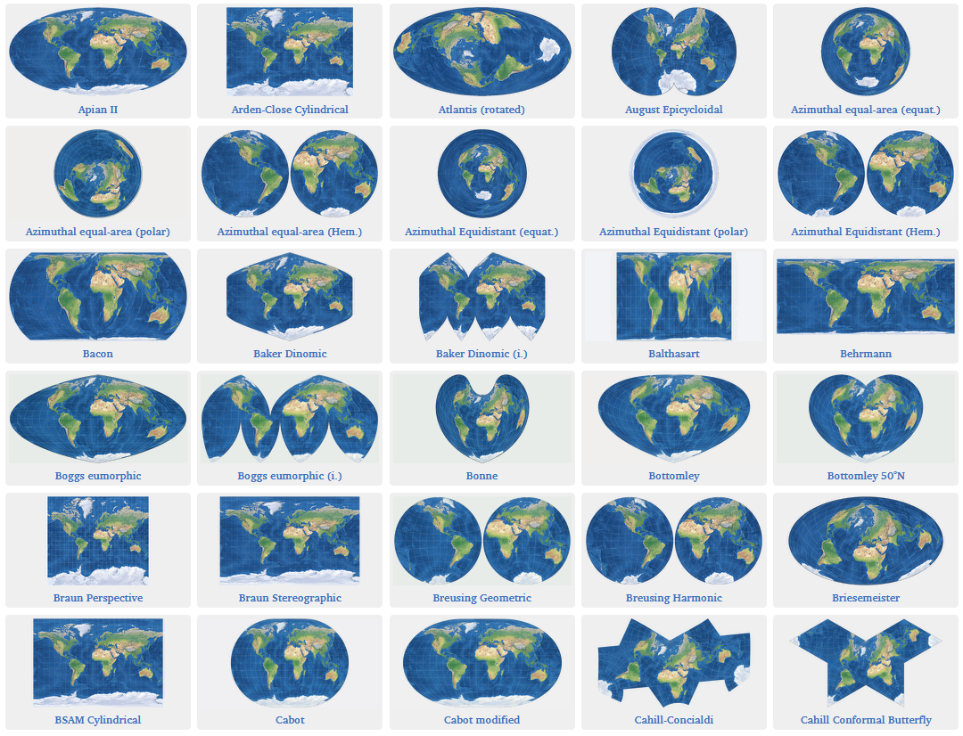 Different projections from 'Compare Map Projections' (map-projections.net).