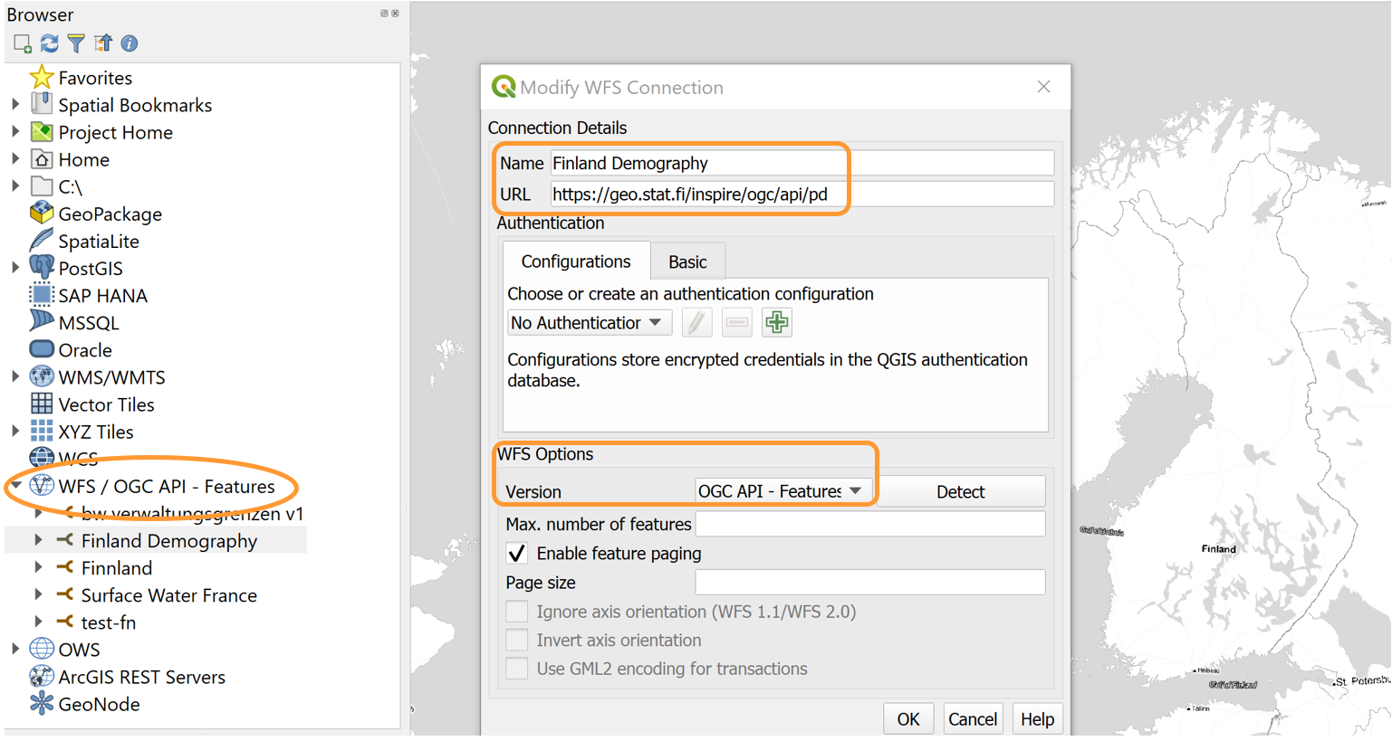 Configuración para conectarse a las características de la API de OGC