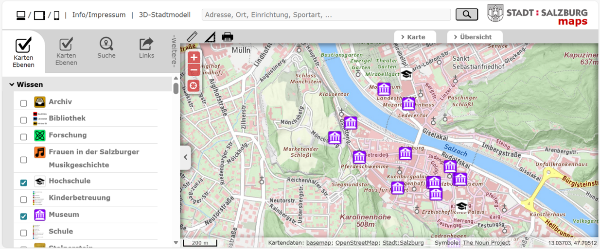 This is an example of a map mashup. Visit the <a href='https://maps.stadt-salzburg.at/#zoom=2&lat=47.80049&lon=13.04229&layers=0-563-586' target='_blank'>online STADT:SALZBURG map</a>. We – on purpose ;-) – want to give a local example from Salzburg and that’s a good opportunity for our students to practice their German.