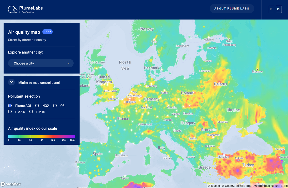 An example of a data stream from the environmental sector is the <a href='https://air.plumelabs.com/air-quality-map' target='_blank'>air quality map by PlumeLabs</a>, which shows current air quality based on ground-based measurements and satellite imagery services.