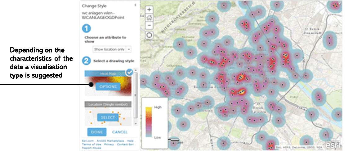 Example of a smart map: public restrooms in Vienna (OGD data) displayed in <a href='https://www.esri.com/en-us/capabilities/mapping/smart-mapping?rsource=https%3A%2F%2Fwww.esri.com%2Fen-us%2Farcgis%2Fproducts%2Fmapping%2Fsmart-mapping&rsource=https%3A//www.esri.com/en-us/smart-mapping' target='_blank'>ArcGIS Online</a>.