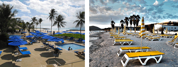 Here you essentially see the same objects: sun loungers, umbrellas, water, sky, brown-gray ground, and palm trees. Yet at first glance, you can identify the left image as a built environment of a pool area and the right as a natural beach.